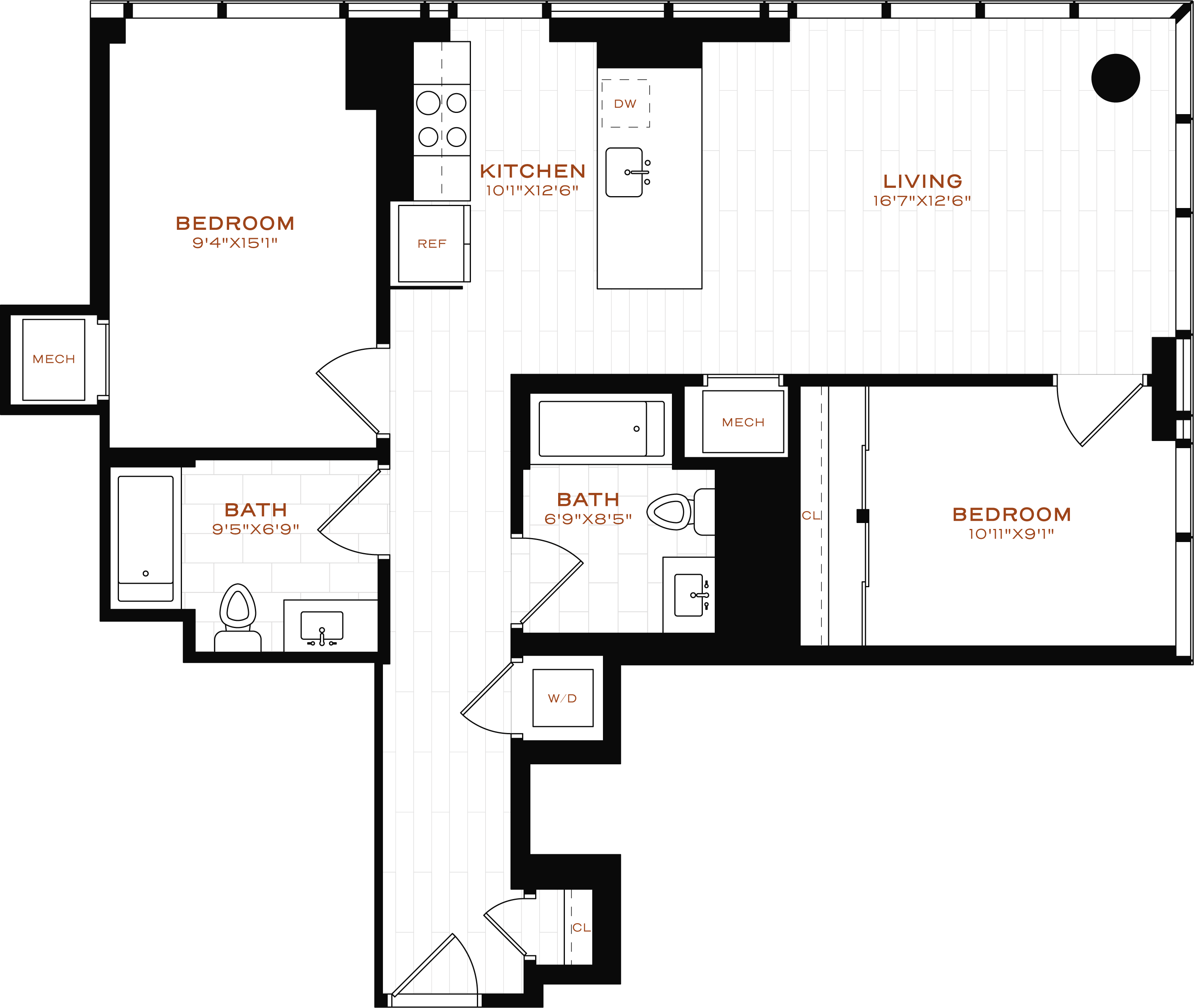 Rendering of the 2 Bed-2 Bath-T-9a Floor Plan